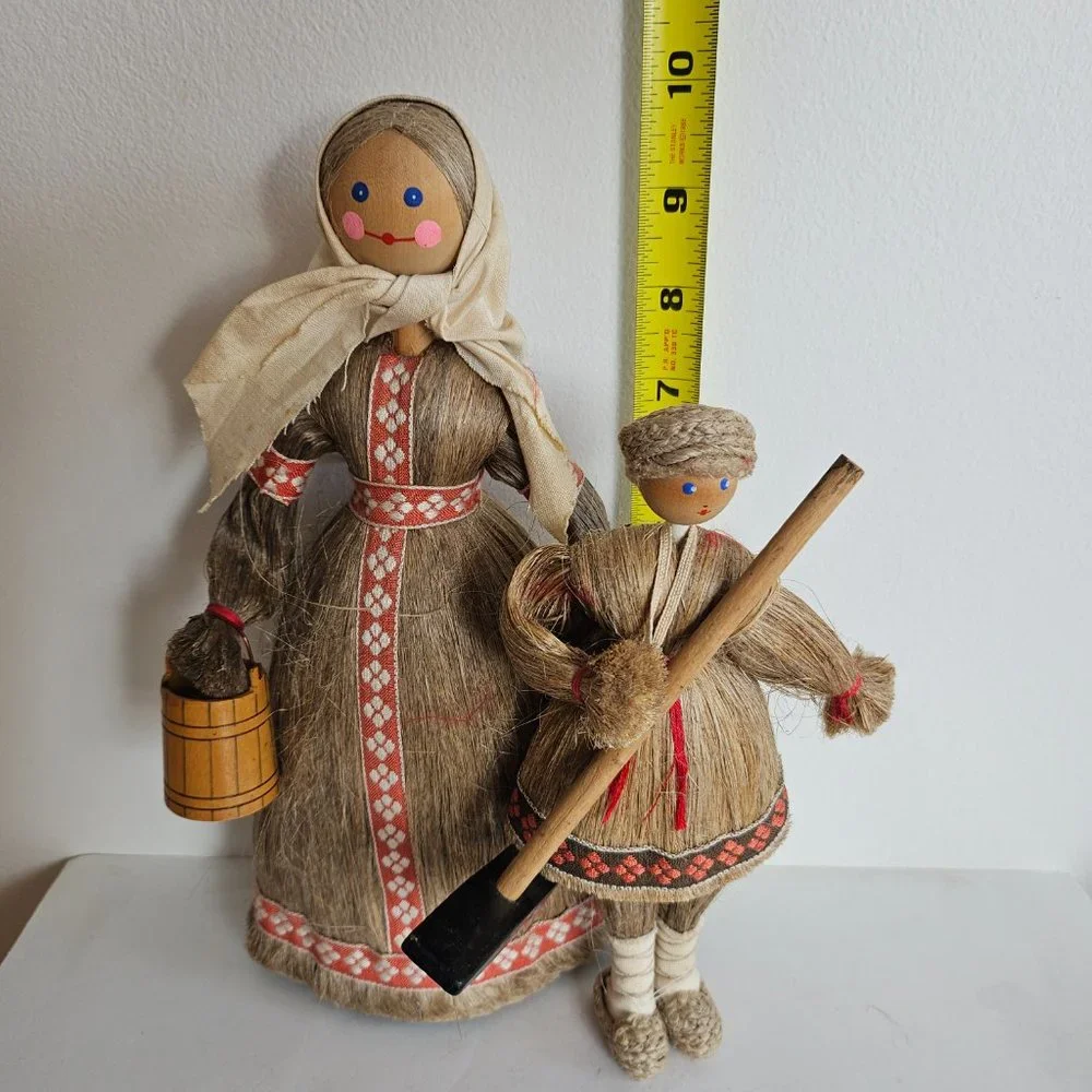 Vintage Russian folk art horse hair dolls, lot of 2